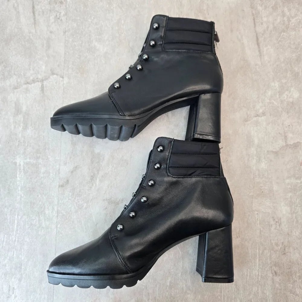 Block Heel Ankle Boots Sz 6.5 Black Leather Chain Pointed Toe Goth Grunge Bootie